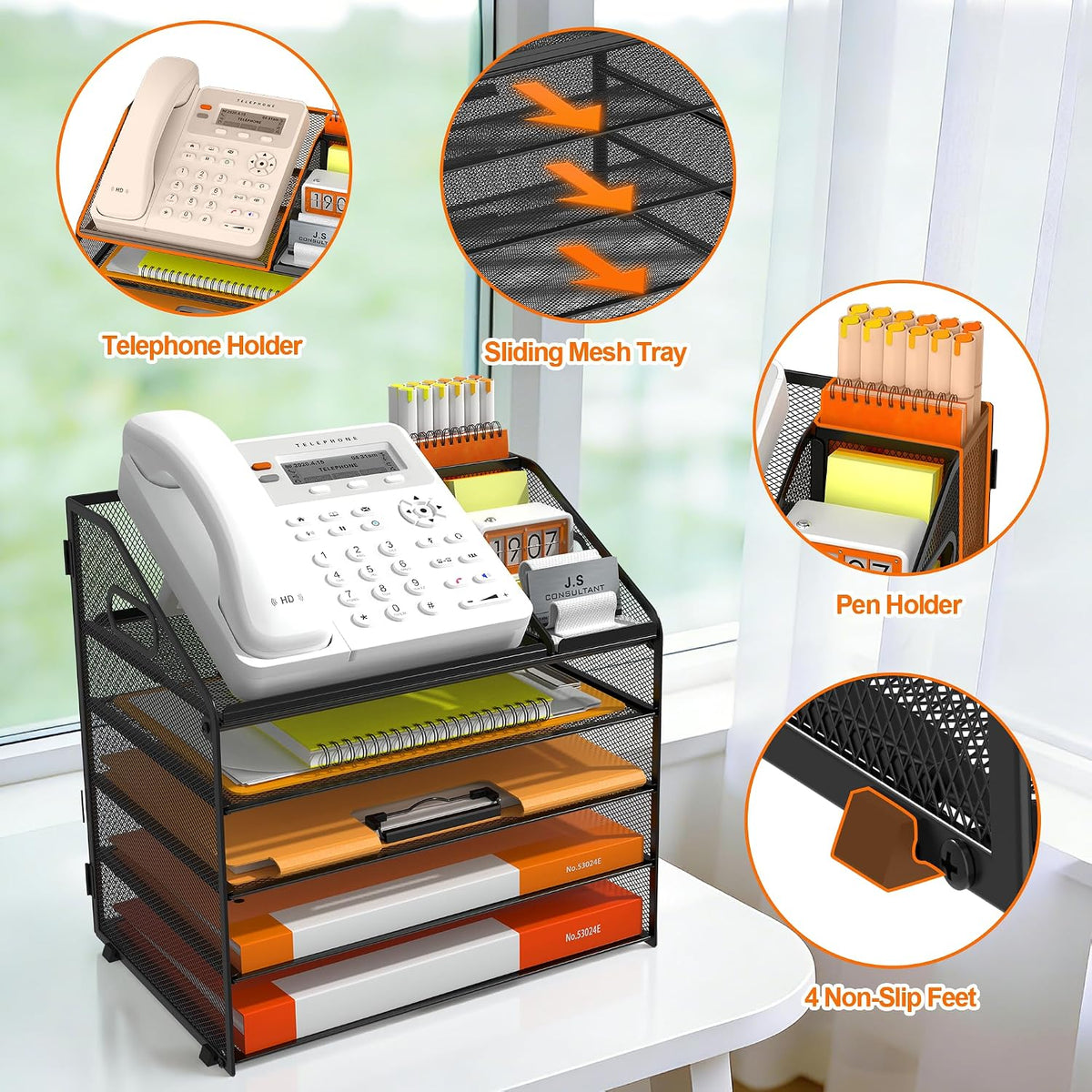 4 Tier Metal Mesh Desk File Organizer with Phone Shelf, Black