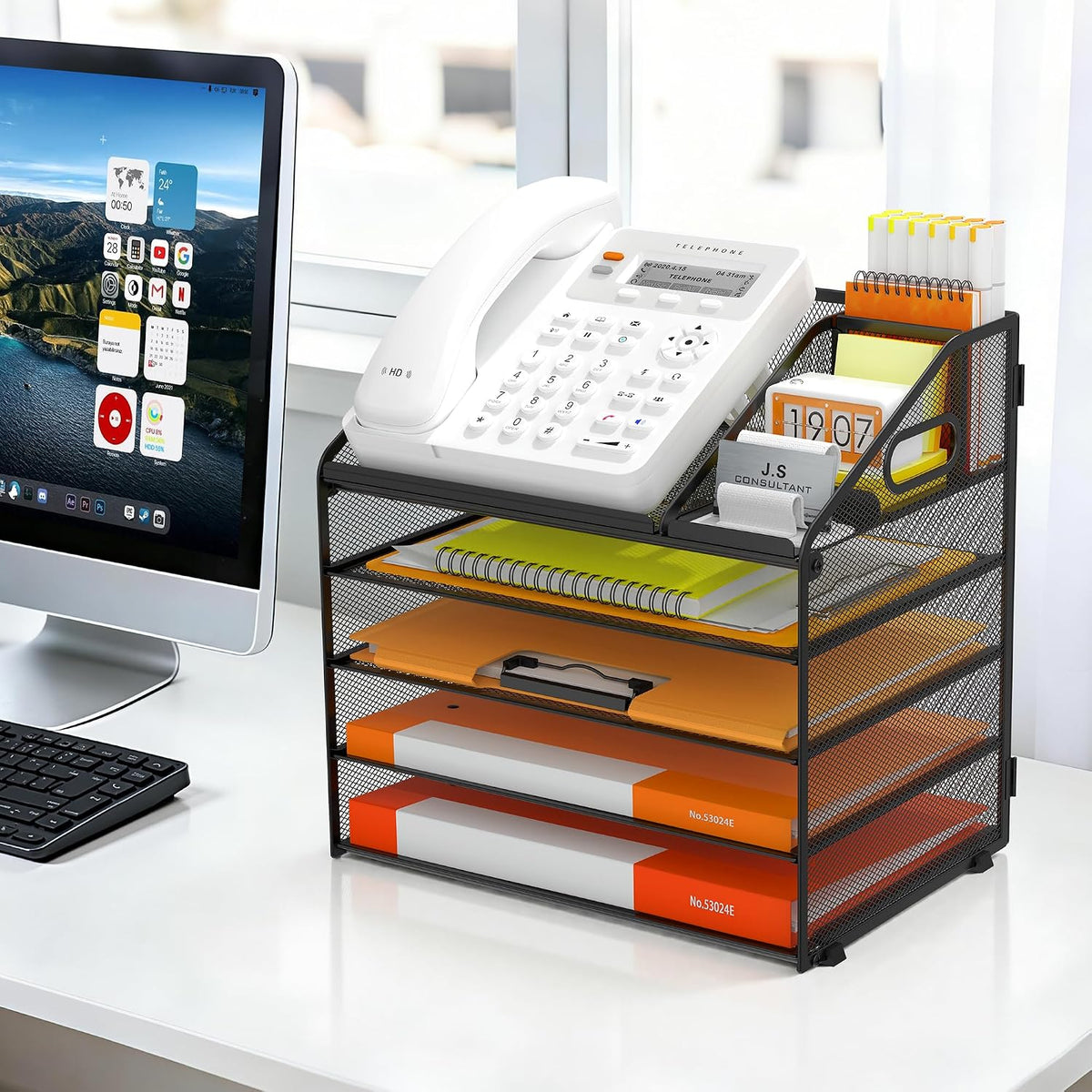 4 Tier Metal Mesh Desk File Organizer with Phone Shelf, Black
