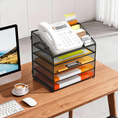 4 Tier Metal Mesh Desk File Organizer with Phone Shelf, Black