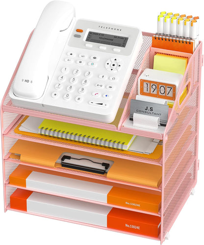 4 Tier Metal Mesh Desk File Organizer with Phone Shelf, Black