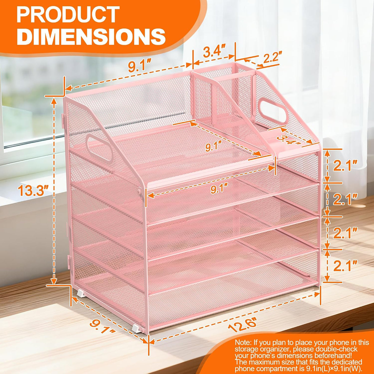 4 Tier Metal Mesh Desk File Organizer with Phone Shelf, Black