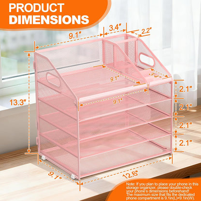 4 Tier Metal Mesh Desk File Organizer with Phone Shelf, Black