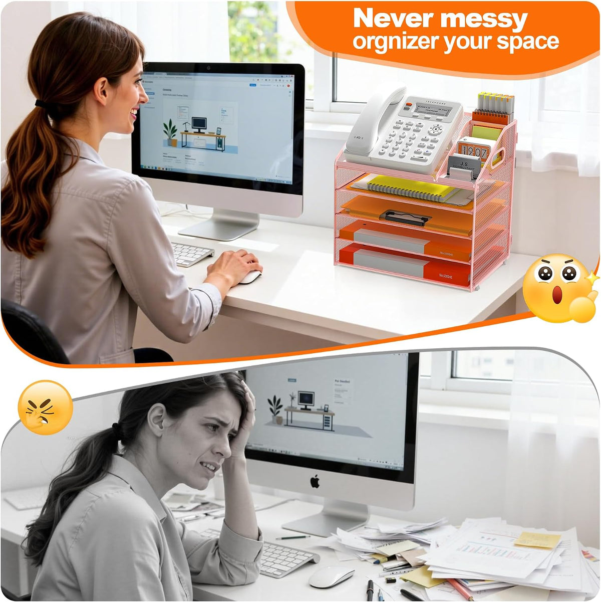 4 Tier Metal Mesh Desk File Organizer with Phone Shelf, Black