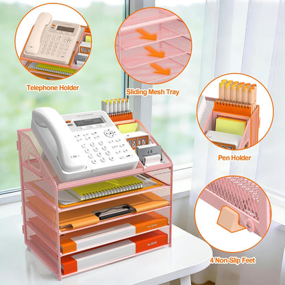 4 Tier Metal Mesh Desk File Organizer with Phone Shelf, Black