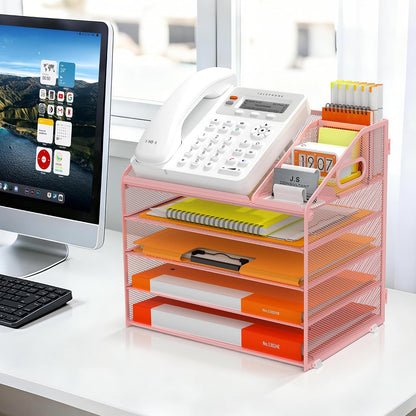 4 Tier Metal Mesh Desk File Organizer with Phone Shelf, Black