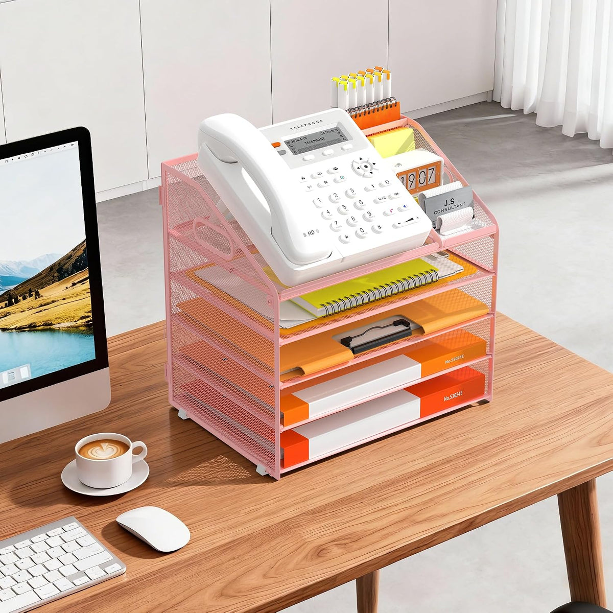 4 Tier Metal Mesh Desk File Organizer with Phone Shelf, Black
