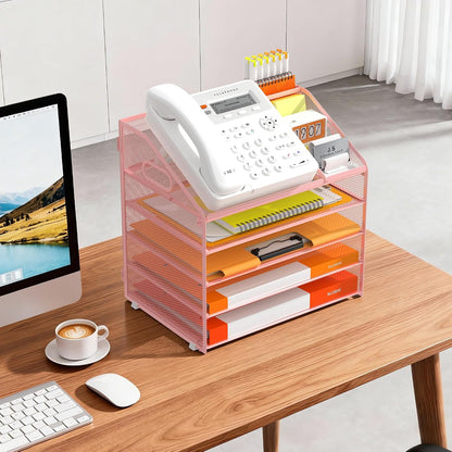 4 Tier Metal Mesh Desk File Organizer with Phone Shelf, Black