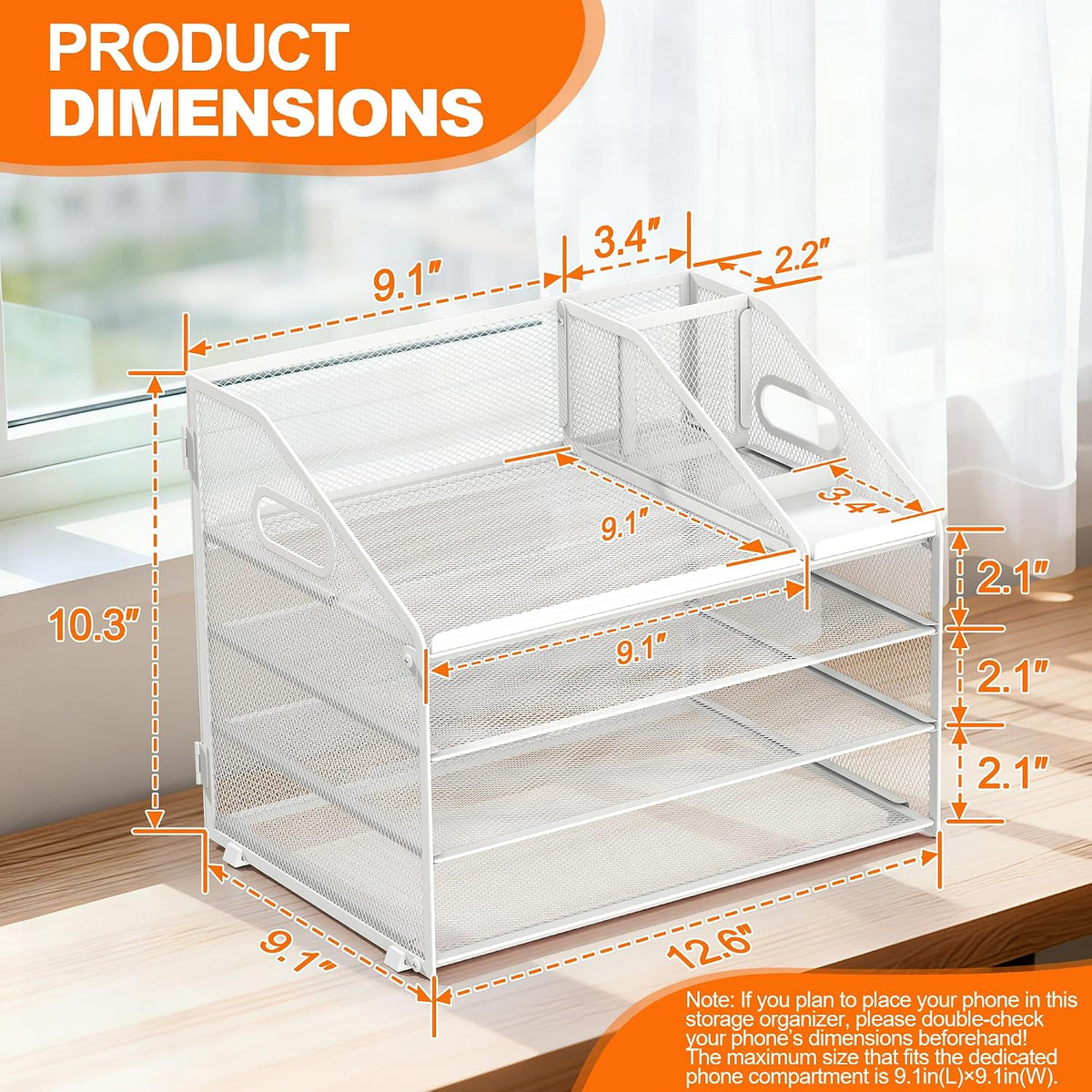 4 Tier Metal Mesh Desk File Organizer with Phone Shelf, Black
