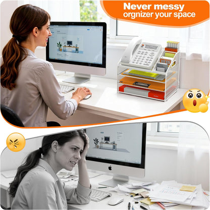 4 Tier Metal Mesh Desk File Organizer with Phone Shelf, Black