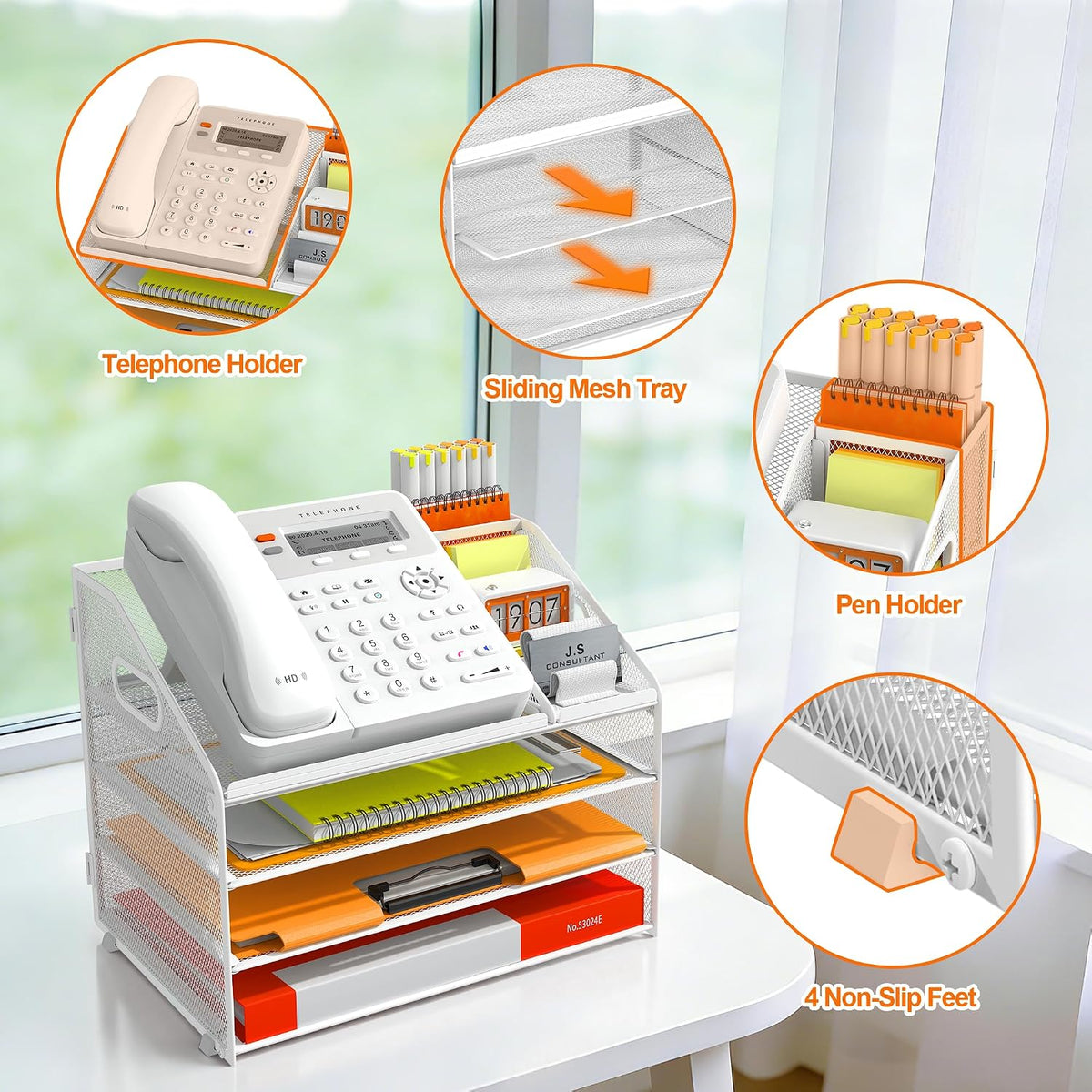 4 Tier Metal Mesh Desk File Organizer with Phone Shelf, Black