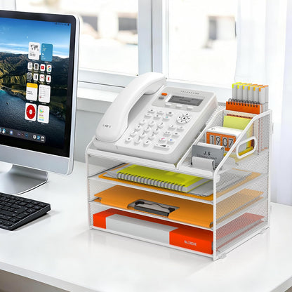 4 Tier Metal Mesh Desk File Organizer with Phone Shelf, Black