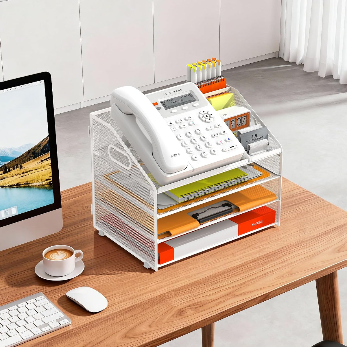 4 Tier Metal Mesh Desk File Organizer with Phone Shelf, Black
