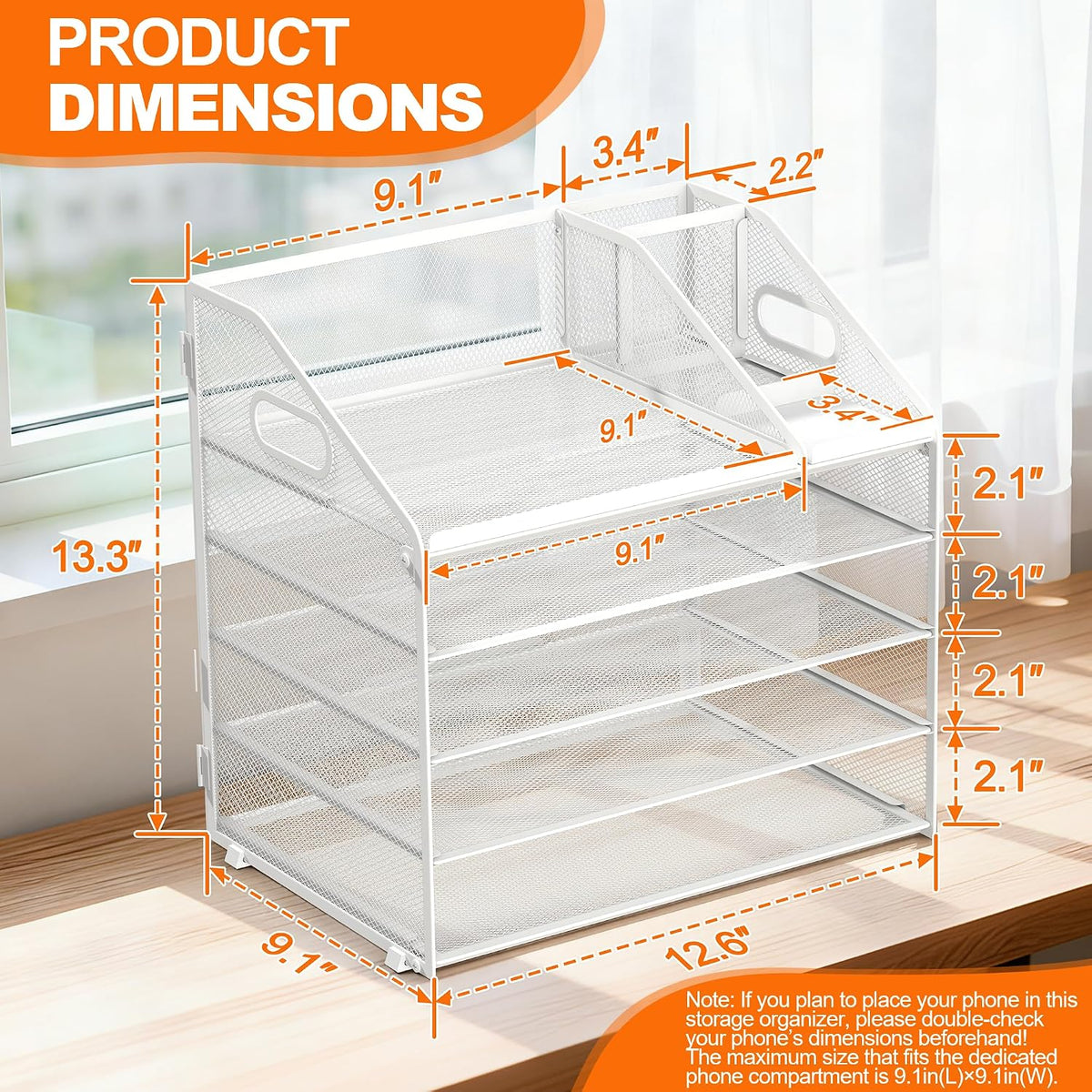 4 Tier Metal Mesh Desk File Organizer with Phone Shelf, Black
