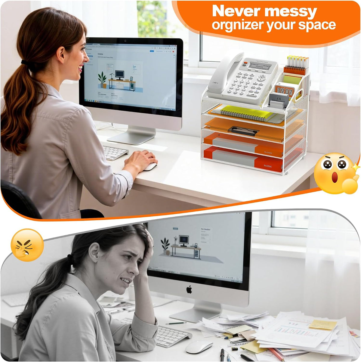 4 Tier Metal Mesh Desk File Organizer with Phone Shelf, Black