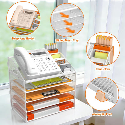 4 Tier Metal Mesh Desk File Organizer with Phone Shelf, Black