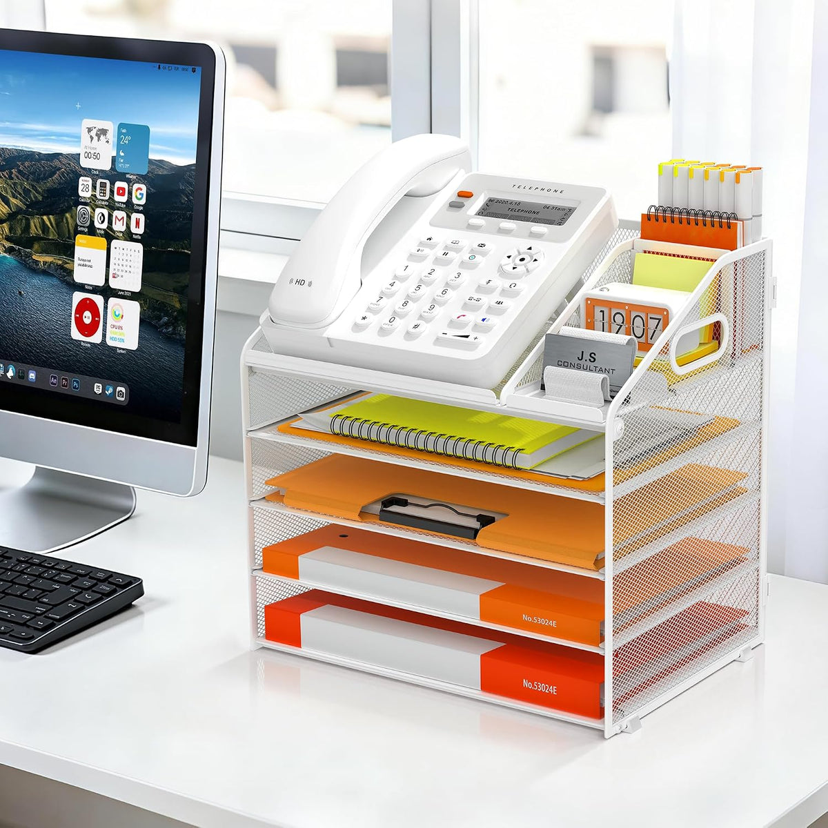 4 Tier Metal Mesh Desk File Organizer with Phone Shelf, Black