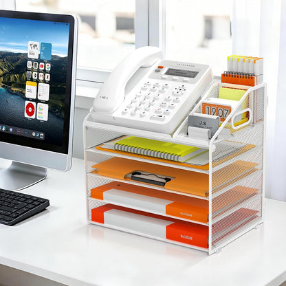 4 Tier Metal Mesh Desk File Organizer with Phone Shelf, Black