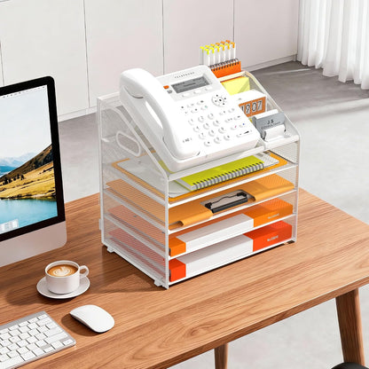 4 Tier Metal Mesh Desk File Organizer with Phone Shelf, Black