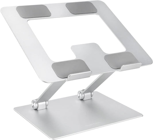 Sturdy and Portable Ergonomic Laptop Stand for Desk, Height Adjustable Riser with Ventilated Cooling, Foldable, Fits all Laptops up to 15.6 Inch, Silver