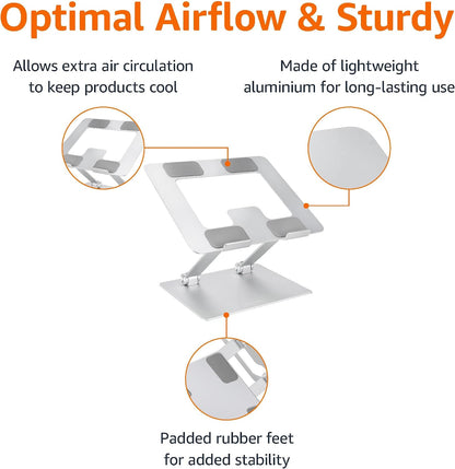 Sturdy and Portable Ergonomic Laptop Stand for Desk, Height Adjustable Riser with Ventilated Cooling, Foldable, Fits all Laptops up to 15.6 Inch, Silver