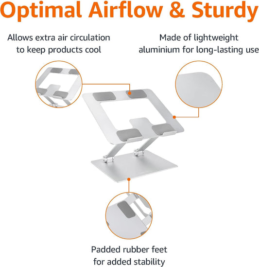 Sturdy and Portable Ergonomic Laptop Stand for Desk, Height Adjustable Riser with Ventilated Cooling, Foldable, Fits all Laptops up to 15.6 Inch, Silver