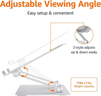 Sturdy and Portable Ergonomic Laptop Stand for Desk, Height Adjustable Riser with Ventilated Cooling, Foldable, Fits all Laptops up to 15.6 Inch, Silver