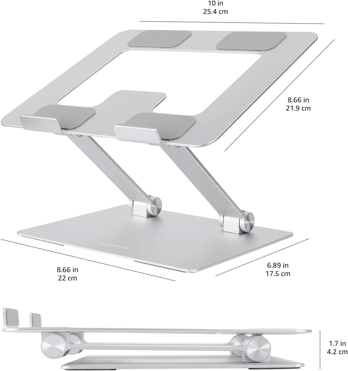 Sturdy and Portable Ergonomic Laptop Stand for Desk, Height Adjustable Riser with Ventilated Cooling, Foldable, Fits all Laptops up to 15.6 Inch, Silver