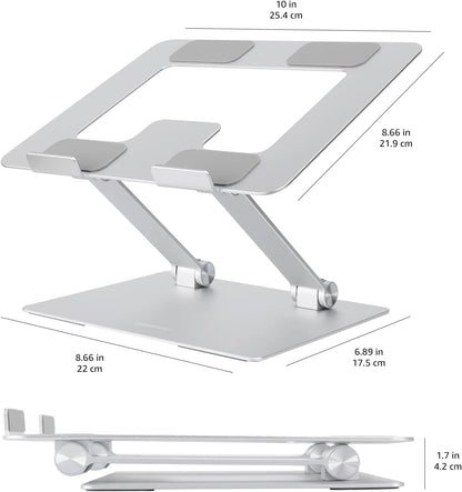 Sturdy and Portable Ergonomic Laptop Stand for Desk, Height Adjustable Riser with Ventilated Cooling, Foldable, Fits all Laptops up to 15.6 Inch, Silver