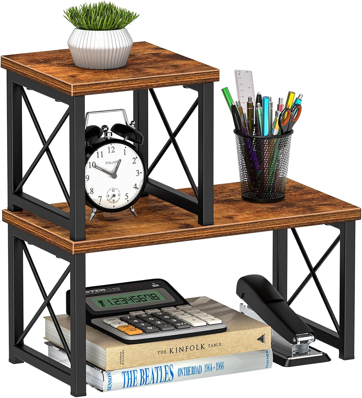 Desk Shelf Organizer, Desk Shelf for Top of Desk, 2 Tier Adjustable Small Bookshelf Organizer, Freestanding Stackable Desktop Stand, Kitchen Counter Display Rack, Rustic Brown