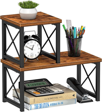 Desk Shelf Organizer, Desk Shelf for Top of Desk, 2 Tier Adjustable Small Bookshelf Organizer, Freestanding Stackable Desktop Stand, Kitchen Counter Display Rack, Rustic Brown