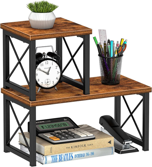 Desk Shelf Organizer, Desk Shelf for Top of Desk, 2 Tier Adjustable Small Bookshelf Organizer, Freestanding Stackable Desktop Stand, Kitchen Counter Display Rack, Rustic Brown