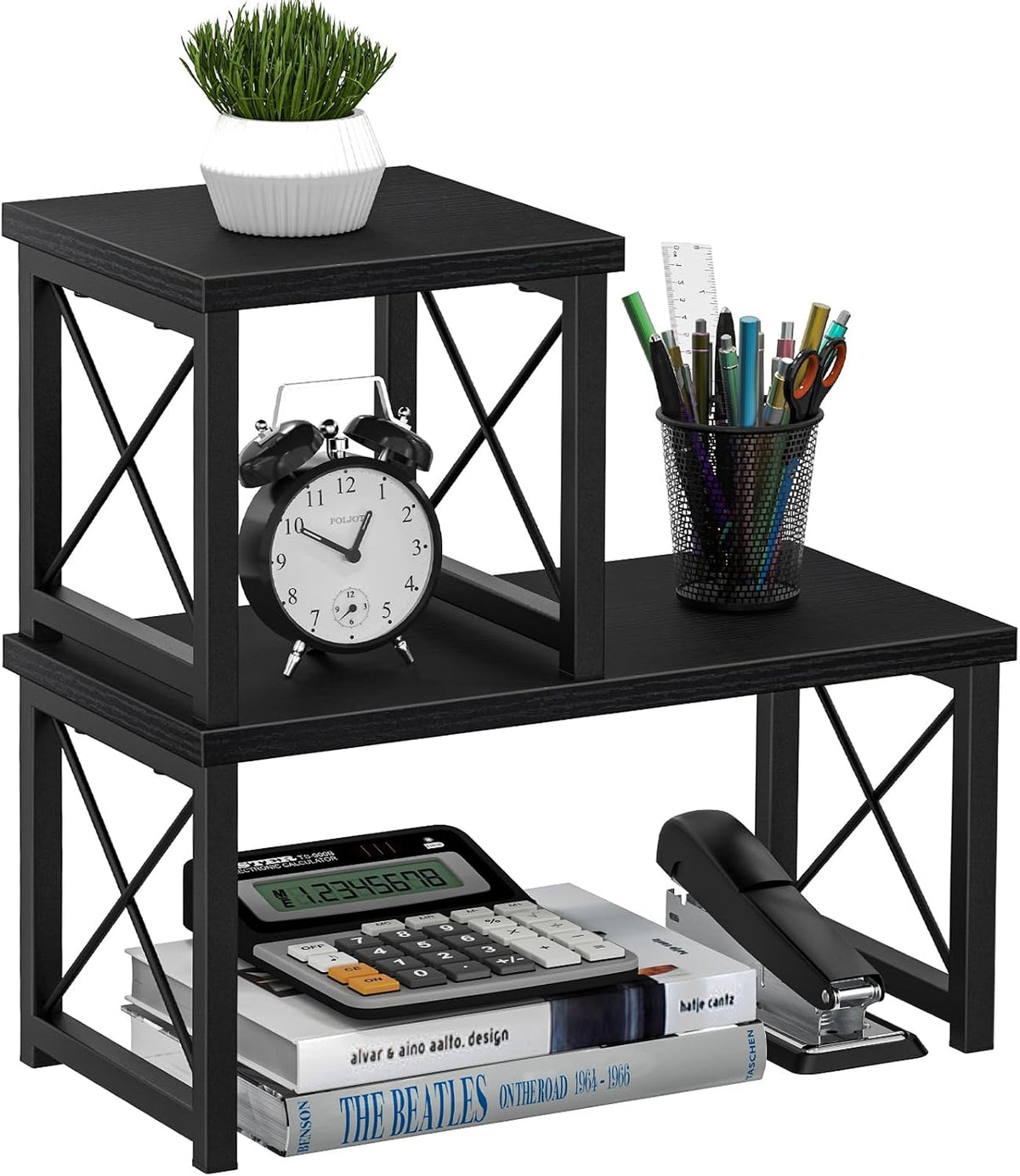 Desk Shelf Organizer, Desk Shelf for Top of Desk, 2 Tier Adjustable Small Bookshelf Organizer, Freestanding Stackable Desktop Stand, Kitchen Counter Display Rack, Rustic Brown