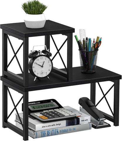 Desk Shelf Organizer, Desk Shelf for Top of Desk, 2 Tier Adjustable Small Bookshelf Organizer, Freestanding Stackable Desktop Stand, Kitchen Counter Display Rack, Rustic Brown