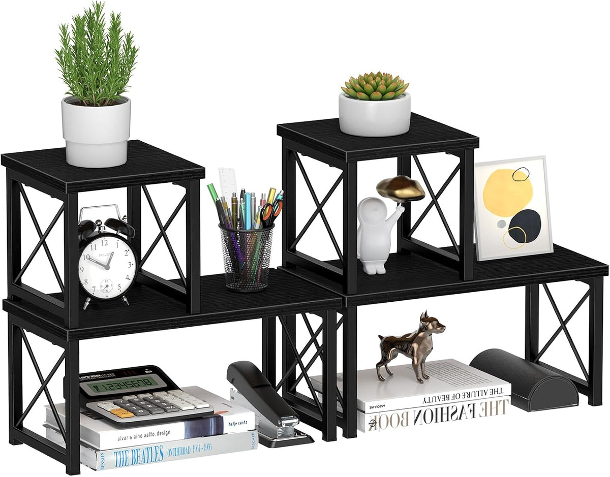 Desk Shelf Organizer, Desk Shelf for Top of Desk, 2 Tier Adjustable Small Bookshelf Organizer, Freestanding Stackable Desktop Stand, Kitchen Counter Display Rack, Rustic Brown