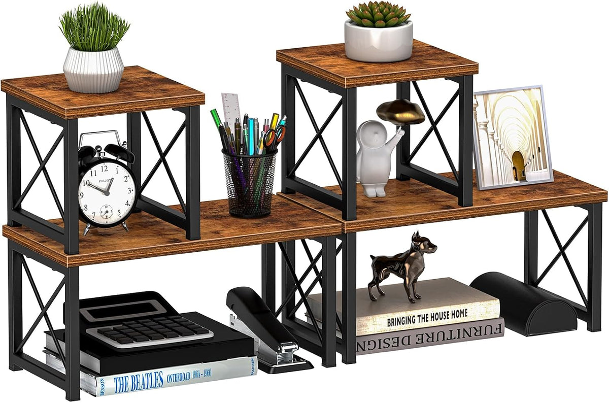 Desk Shelf Organizer, Desk Shelf for Top of Desk, 2 Tier Adjustable Small Bookshelf Organizer, Freestanding Stackable Desktop Stand, Kitchen Counter Display Rack, Rustic Brown