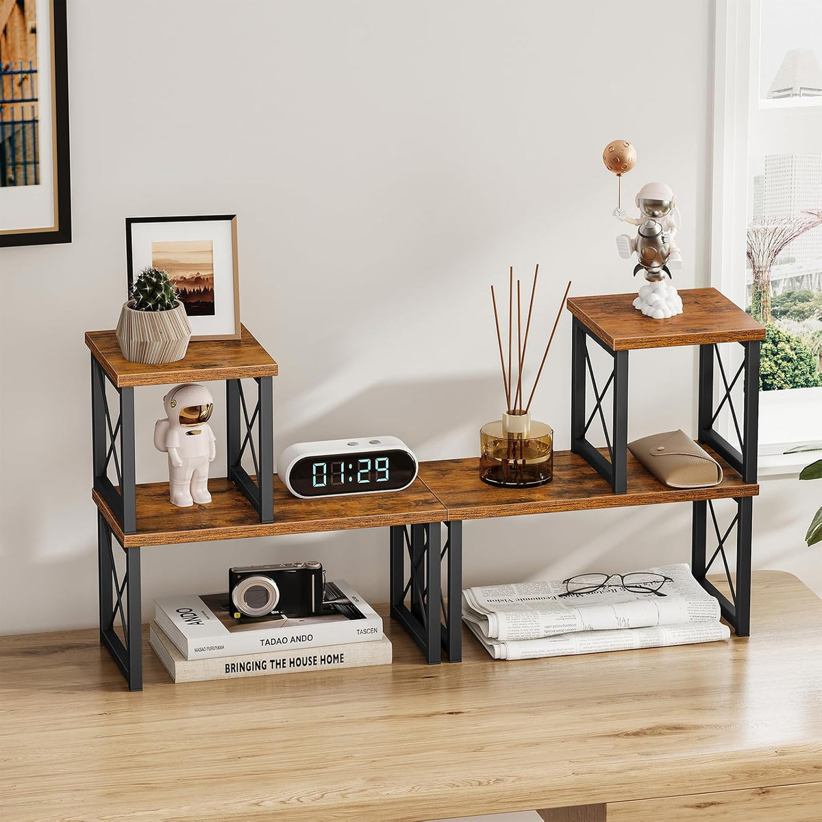 Desk Shelf Organizer, Desk Shelf for Top of Desk, 2 Tier Adjustable Small Bookshelf Organizer, Freestanding Stackable Desktop Stand, Kitchen Counter Display Rack, Rustic Brown