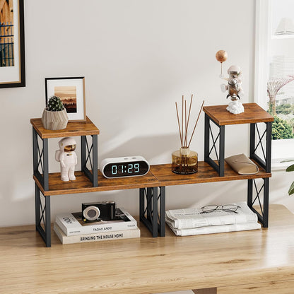 Desk Shelf Organizer, Desk Shelf for Top of Desk, 2 Tier Adjustable Small Bookshelf Organizer, Freestanding Stackable Desktop Stand, Kitchen Counter Display Rack, Rustic Brown