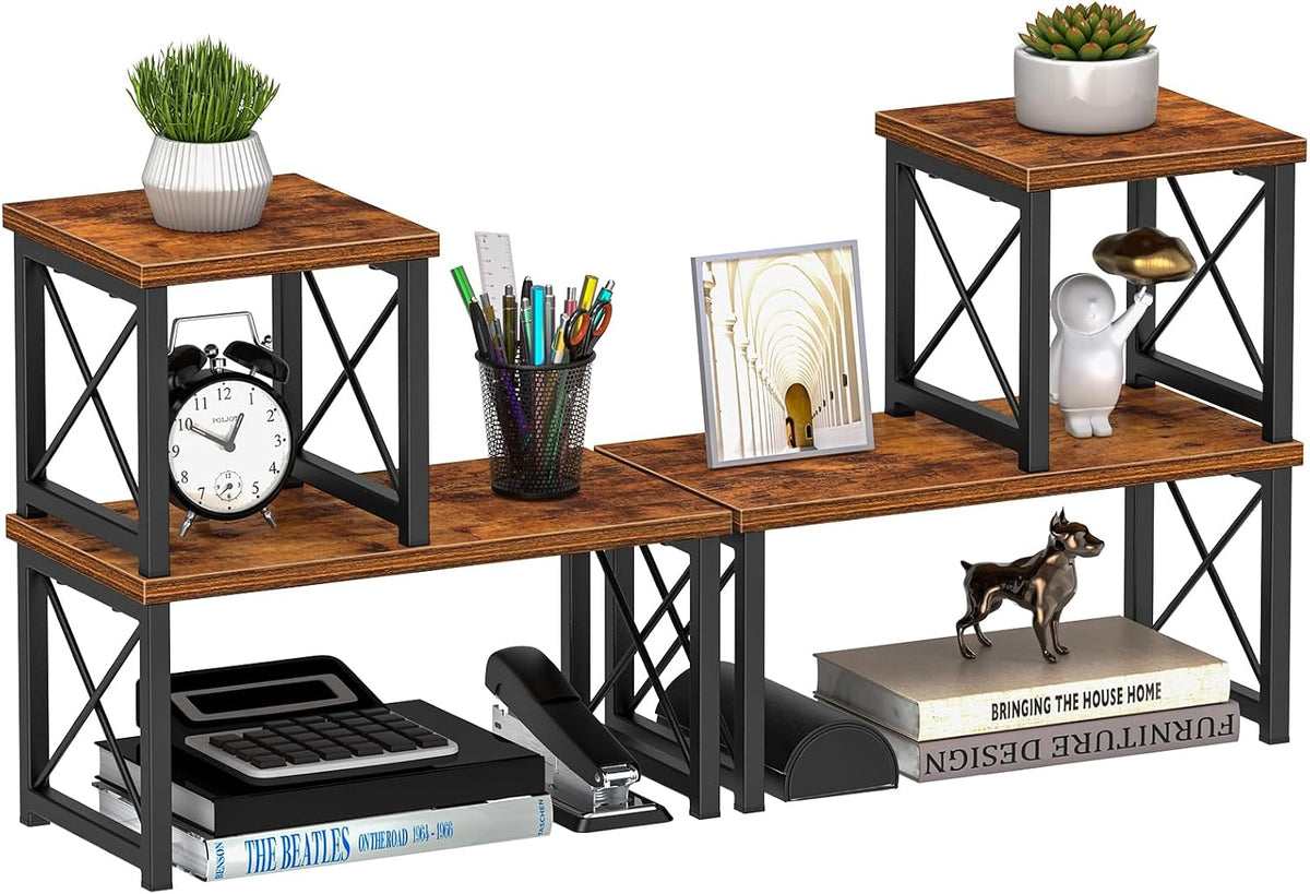 Desk Shelf Organizer, Desk Shelf for Top of Desk, 2 Tier Adjustable Small Bookshelf Organizer, Freestanding Stackable Desktop Stand, Kitchen Counter Display Rack, Rustic Brown