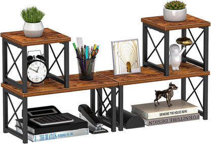 Desk Shelf Organizer, Desk Shelf for Top of Desk, 2 Tier Adjustable Small Bookshelf Organizer, Freestanding Stackable Desktop Stand, Kitchen Counter Display Rack, Rustic Brown