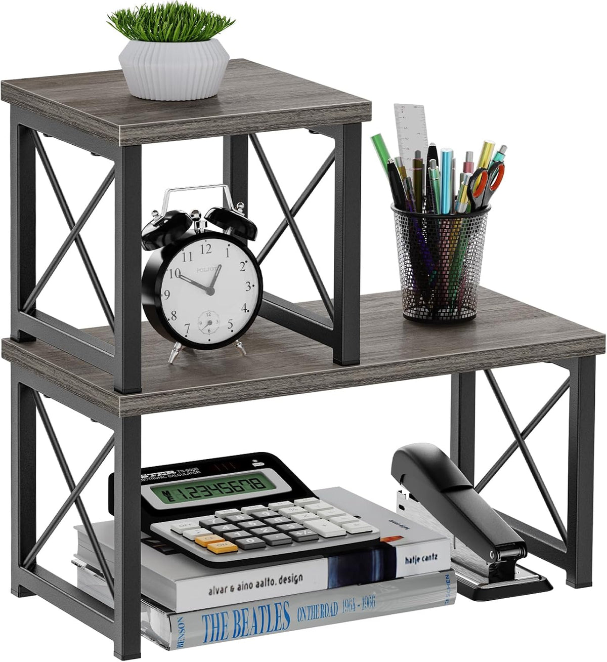 Desk Shelf Organizer, Desk Shelf for Top of Desk, 2 Tier Adjustable Small Bookshelf Organizer, Freestanding Stackable Desktop Stand, Kitchen Counter Display Rack, Rustic Brown