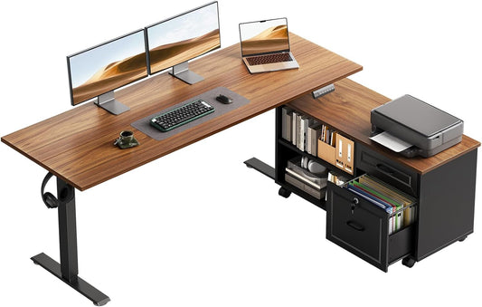 OffiGo 55" L Shaped Electric Standing Desk with Cabinet Sets, Walnut/Black
