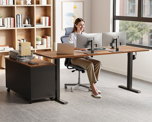 OffiGo 55" L Shaped Electric Standing Desk with Cabinet Sets, Walnut/Black