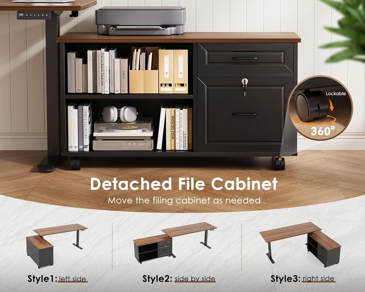 OffiGo 55" L Shaped Electric Standing Desk with Cabinet Sets, Walnut/Black
