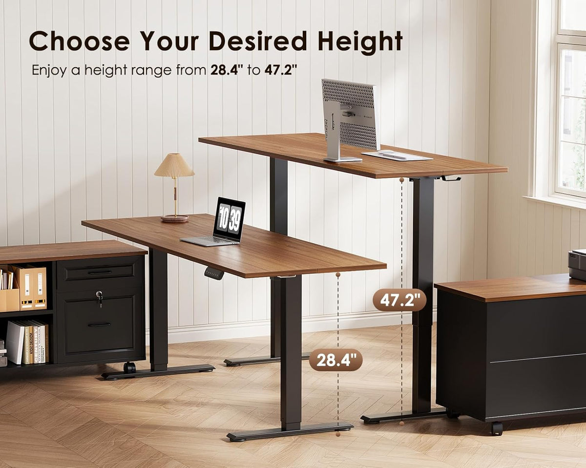 OffiGo 55" L Shaped Electric Standing Desk with Cabinet Sets, Walnut/Black