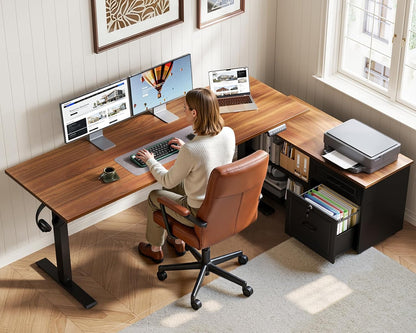 OffiGo 55" L Shaped Electric Standing Desk with Cabinet Sets, Walnut/Black