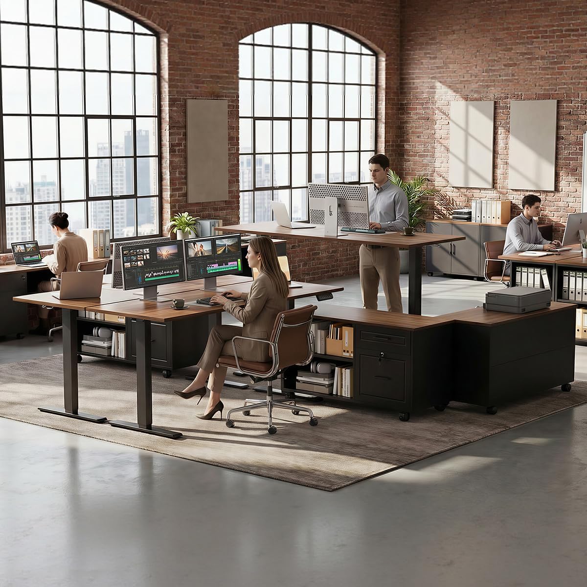 OffiGo 55" L Shaped Electric Standing Desk with Cabinet Sets, Walnut/Black