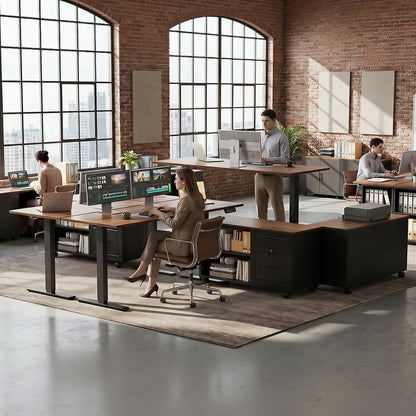 OffiGo 55" L Shaped Electric Standing Desk with Cabinet Sets, Walnut/Black
