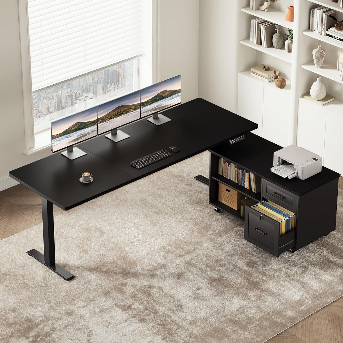 OffiGo 55" L Shaped Electric Standing Desk with Cabinet Sets, Walnut/Black