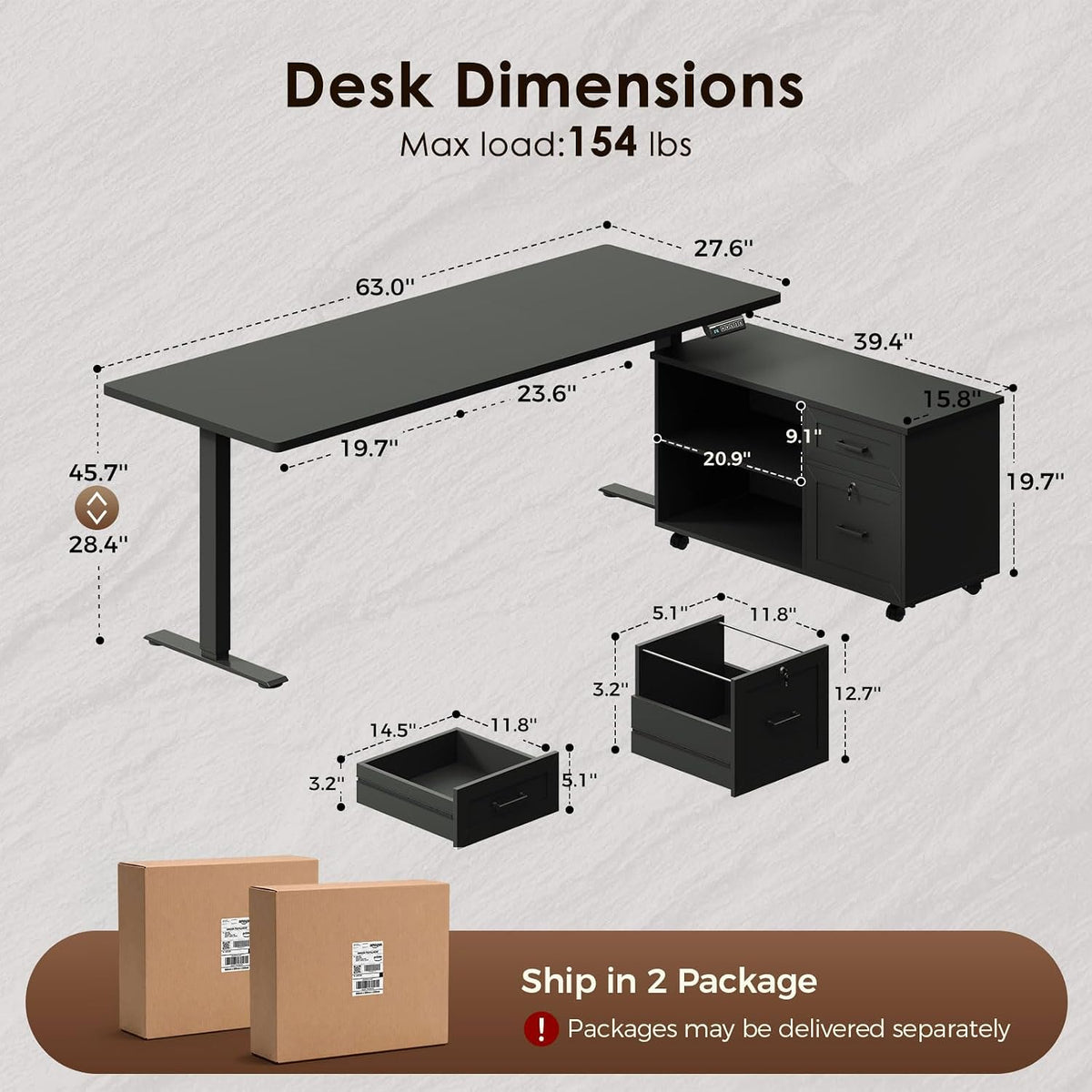 OffiGo 55" L Shaped Electric Standing Desk with Cabinet Sets, Walnut/Black
