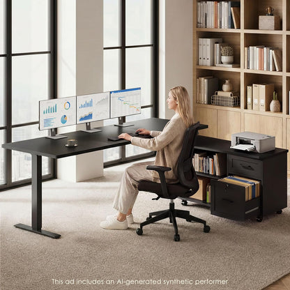 OffiGo 55" L Shaped Electric Standing Desk with Cabinet Sets, Walnut/Black